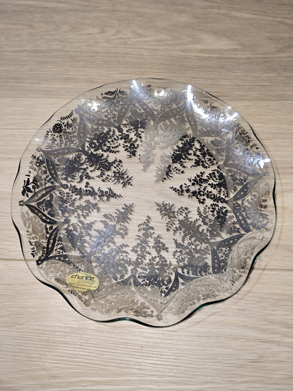 Decorative Clear Glass Serving Platter with Silver Floral Motif